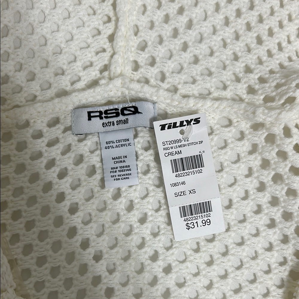 Mesh Stitch Zip Cream Cardigan Knit Sweater - Picture 2 of 3